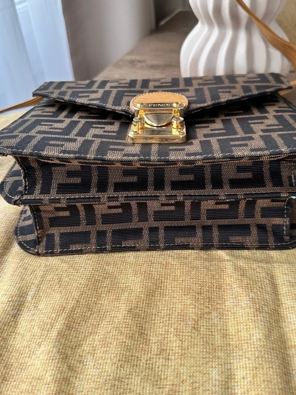 Fendi Brown FF Monogram Shoulder Bag with Tan Leather Strap